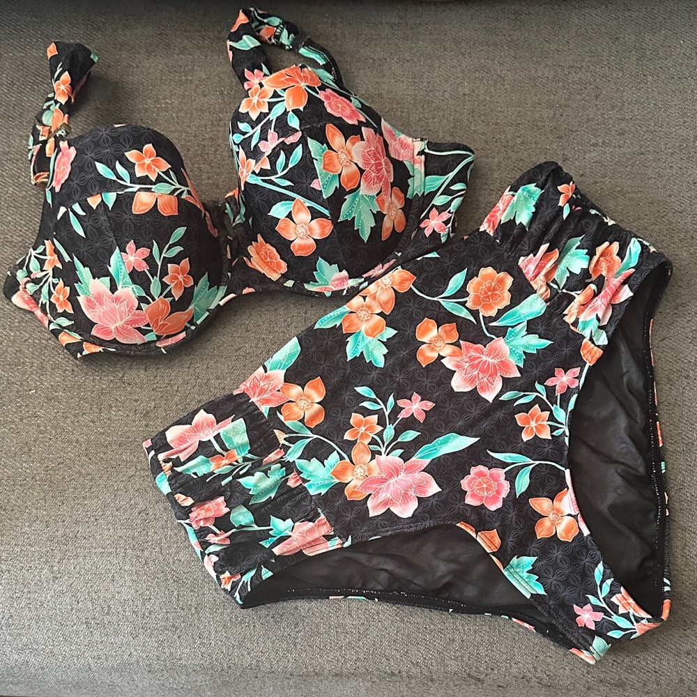 Black Floral Bikini Set with Coral & Teal Flowers